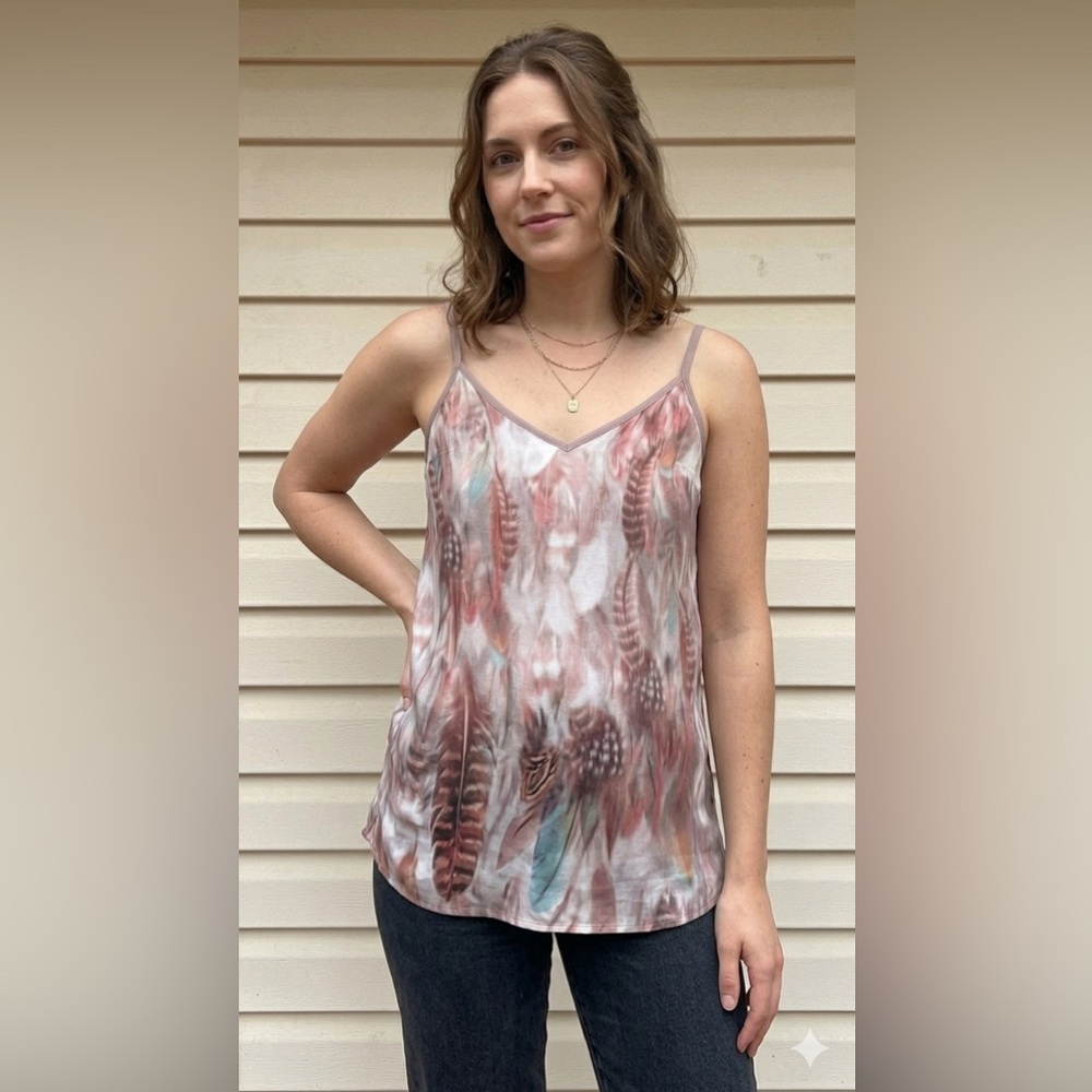 All Saints Tami Chennai V-Neck Camisole Top Feather Print Size US 6